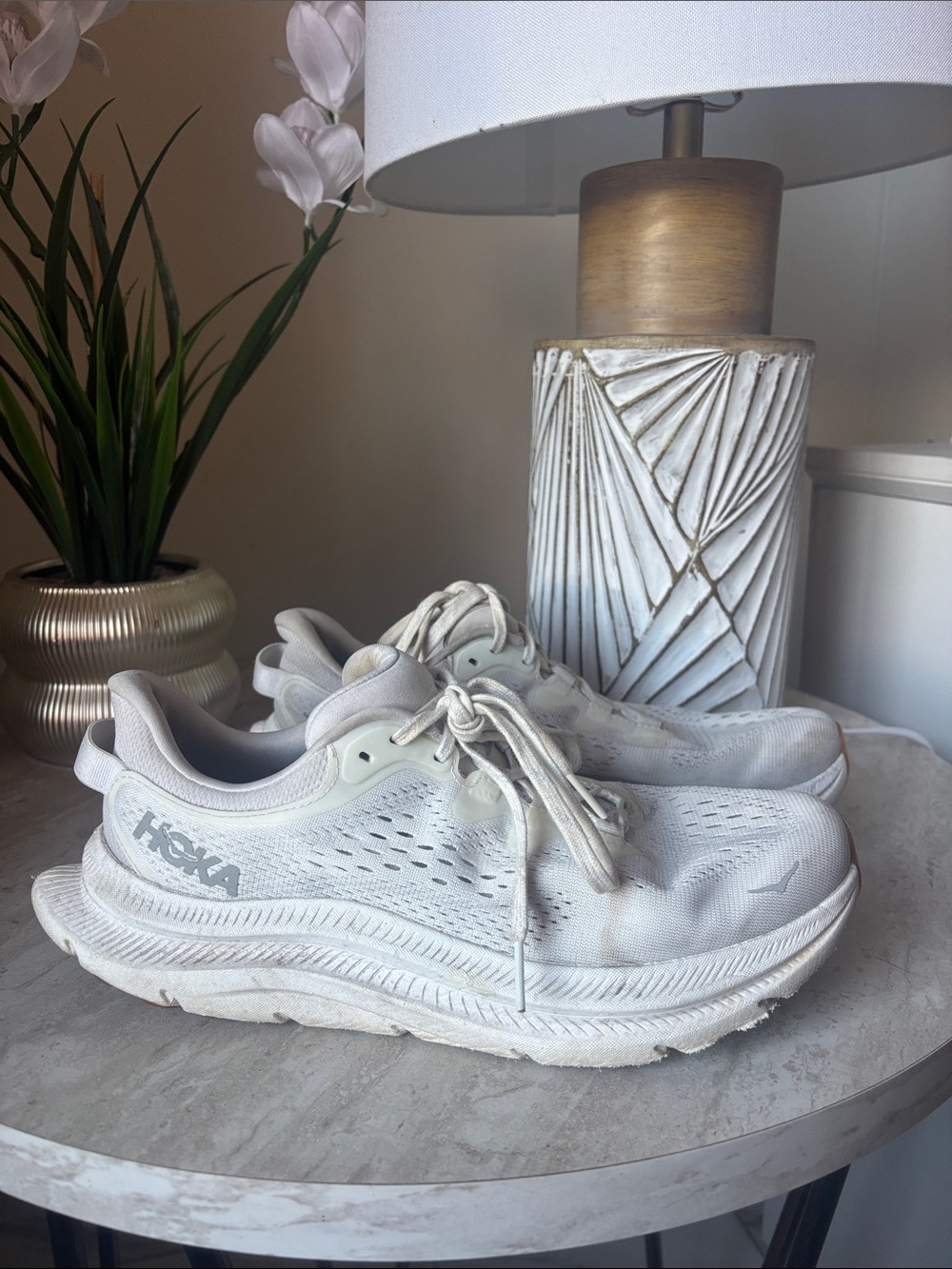 Hoka Women's White/Light Gray Cushioned Road Running Shoes